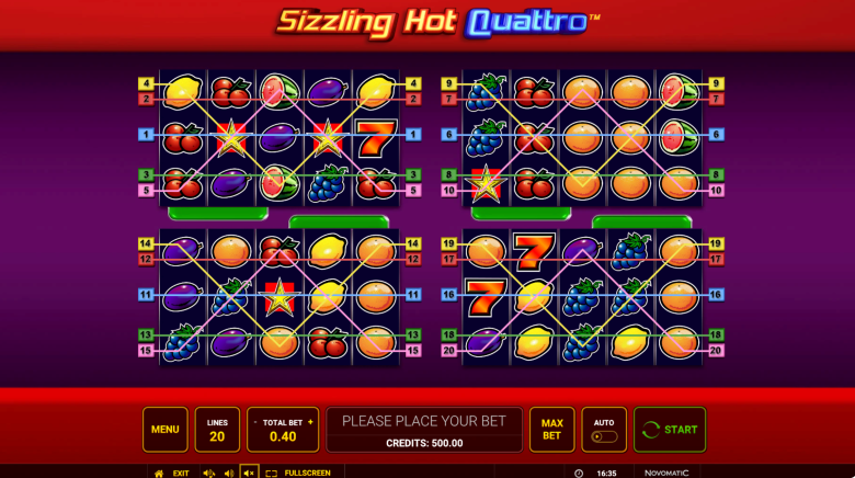 Sizzling Hot Quattro Main Screen